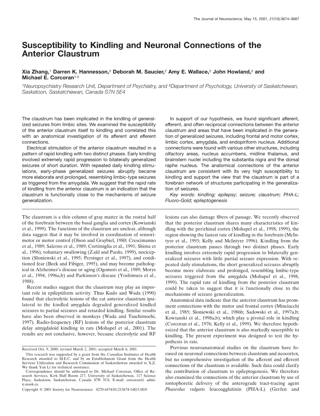 Susceptibility to Kindling and Neuronal Connections of the Anterior Claustrum