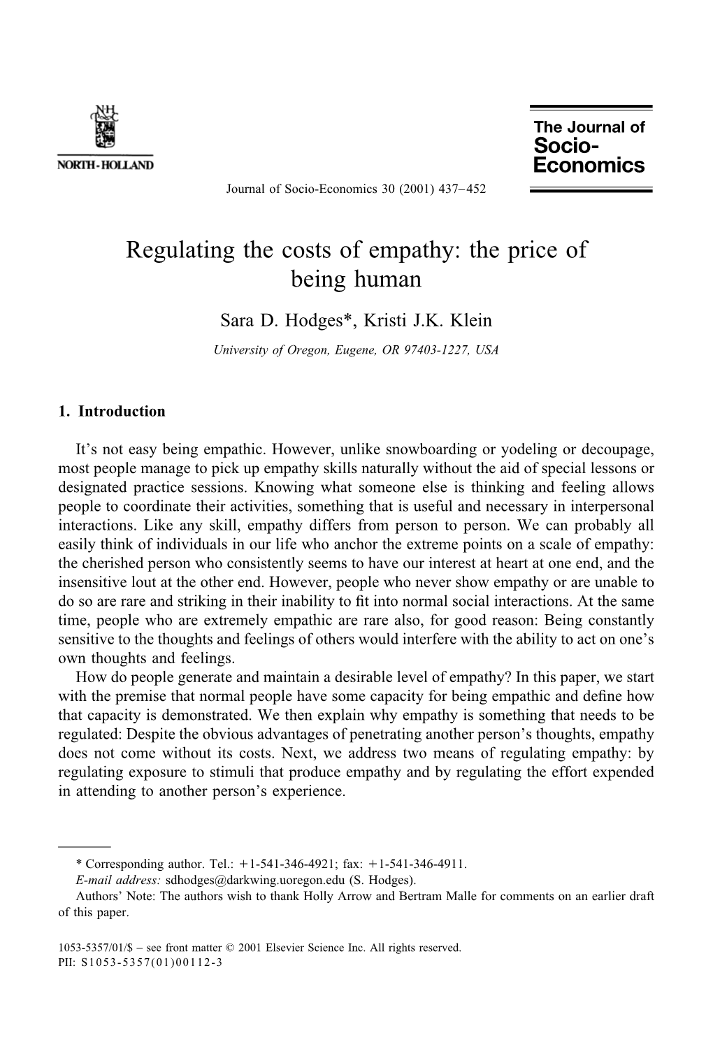 Regulating the Costs of Empathy: the Price of Being Human
