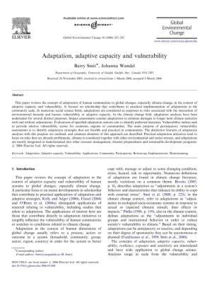 Adaptation, Adaptive Capacity and Vulnerability