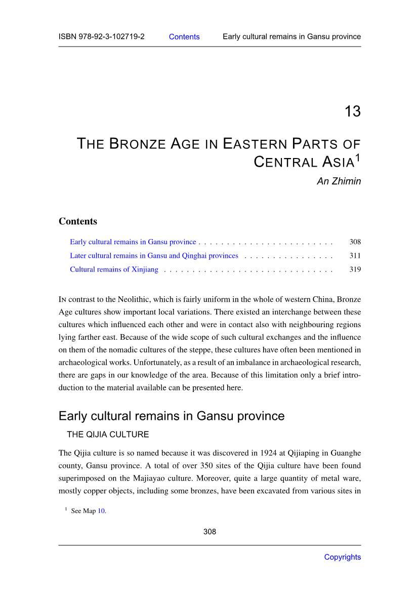THE BRONZE AGE in EASTERN PARTS of CENTRAL ASIA Early