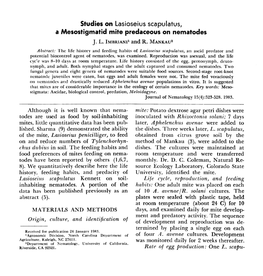 Studies on Lasioseius Scapulatus, a Mesostigmatid Mite Predaceous on Nematodes J