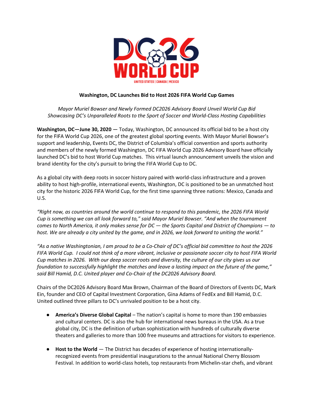 Washington, DC Launches Bid to Host 2026 FIFA World Cup Games