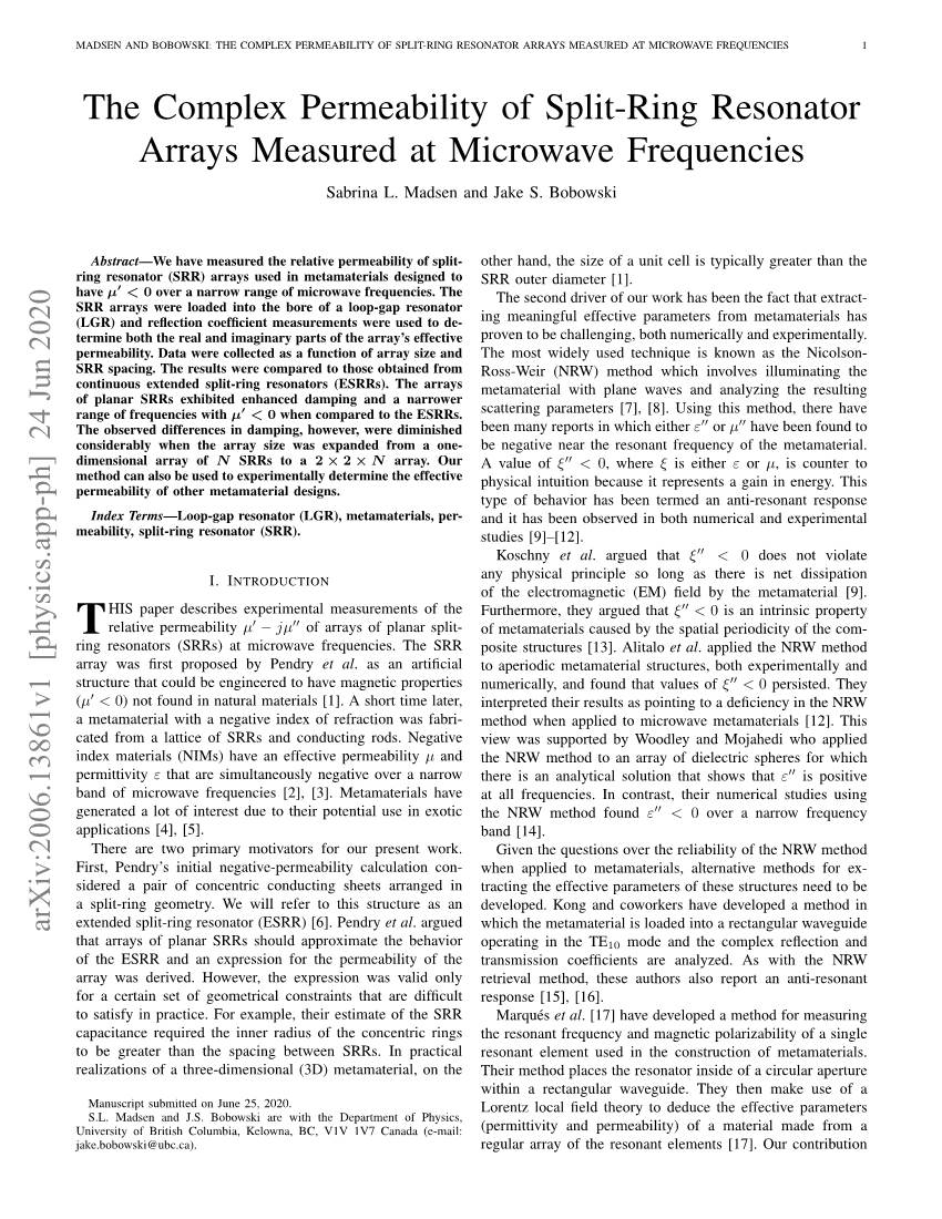 The Complex Permeability of Split-Ring Resonator Arrays Measured at Microwave Frequencies 1