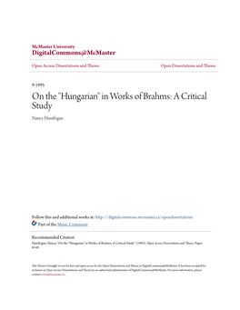 "Hungarian" in Works of Brahms: a Critical Study Nancy Handrigan