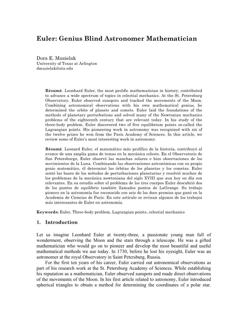 Euler: Genius Blind Astronomer Mathematician