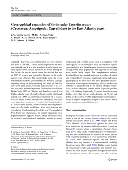 Geographical Expansion of the Invader Caprella Scaura (Crustacea: Amphipoda: Caprellidae) to the East Atlantic Coast