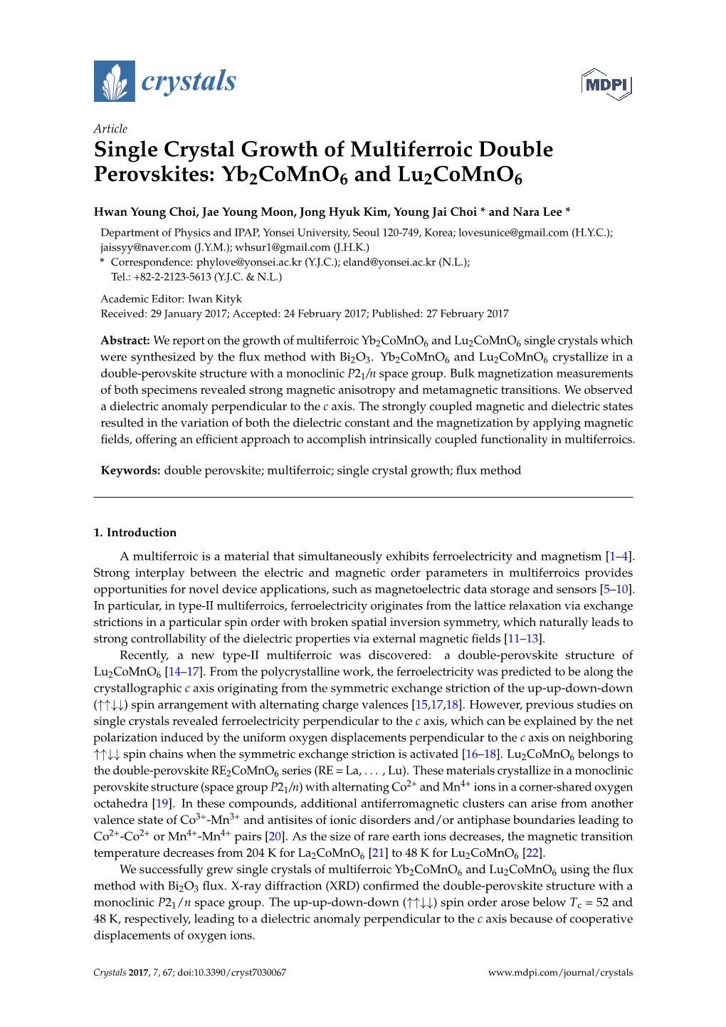 Single Crystal Growth of Multiferroic Double Perovskites: Yb2comno6 and Lu2comno6