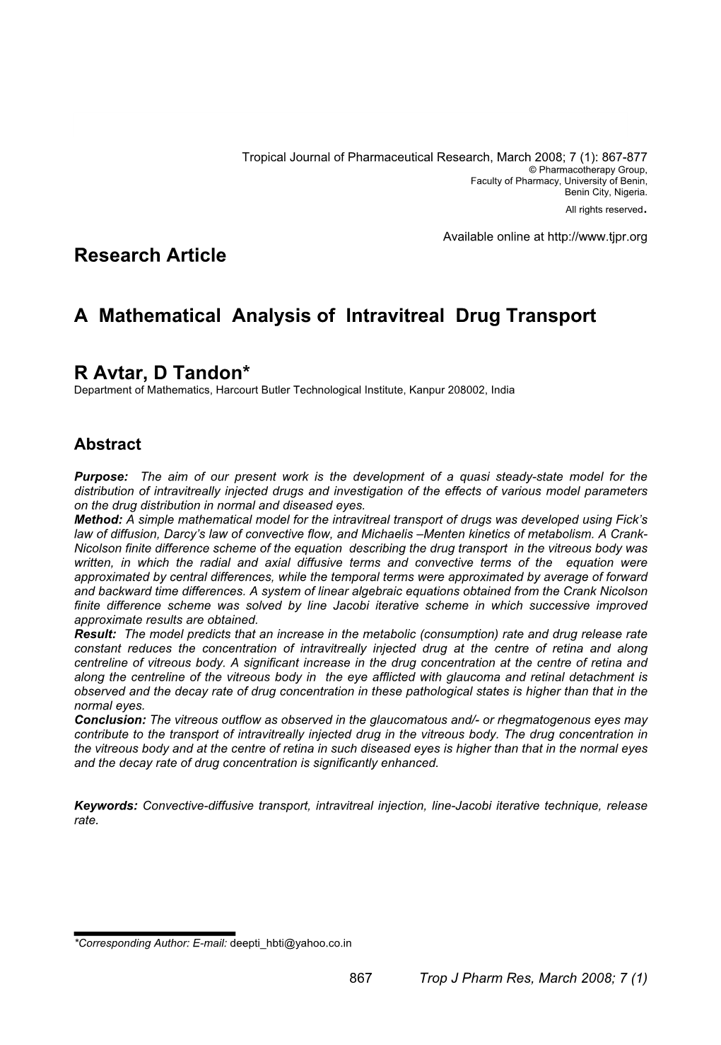 Research Article a Mathematical Analysis of Intravitreal Drug Transport R Avtar, D Tandon*