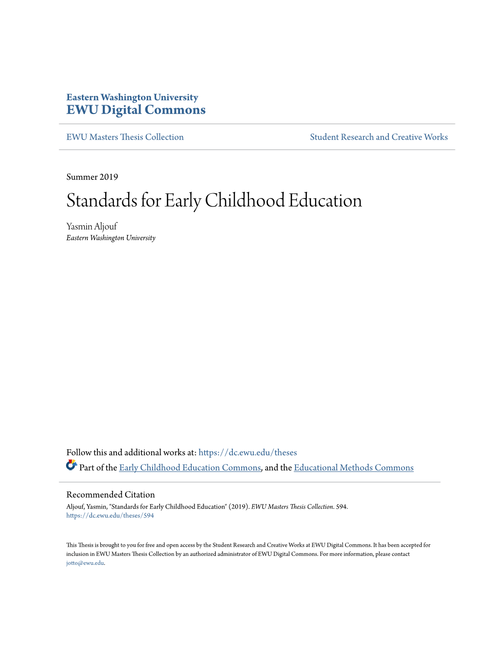 Standards for Early Childhood Education Yasmin Aljouf Eastern Washington University