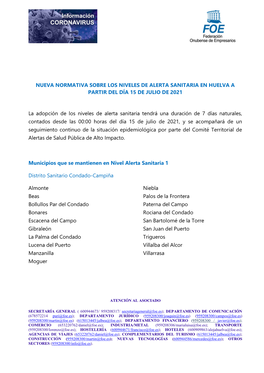 Nueva Normativa Sobre Los Niveles De Alerta Sanitaria En Huelva a Partir Del Día 15 De Julio De 2021