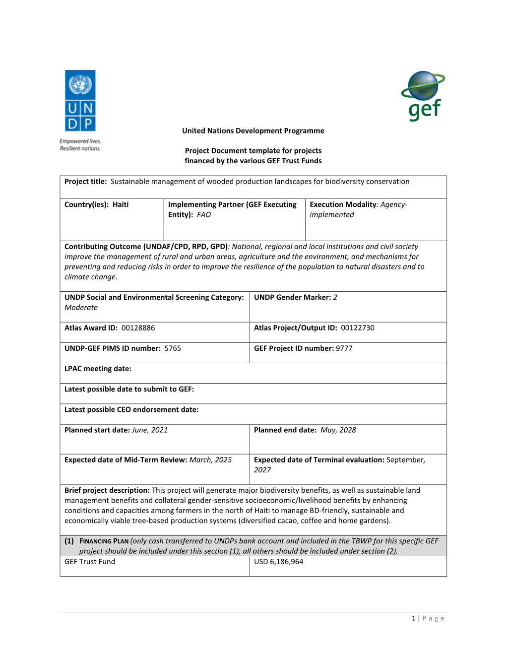 UNDP GEF Annotated Project Document Template