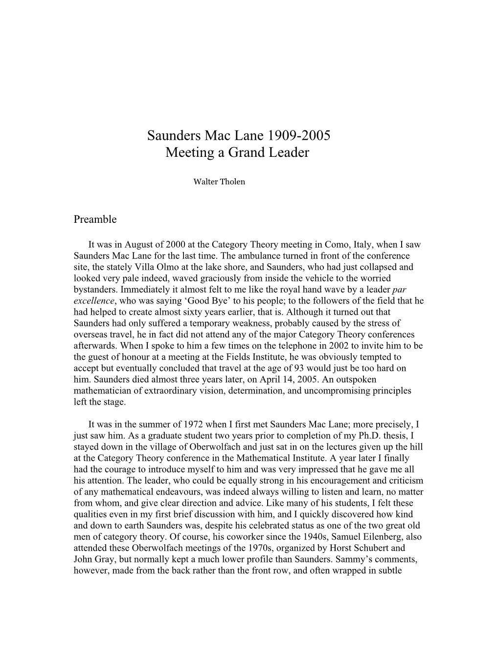 Saunders Mac Lane 1909-2005 Meeting a Grand Leader