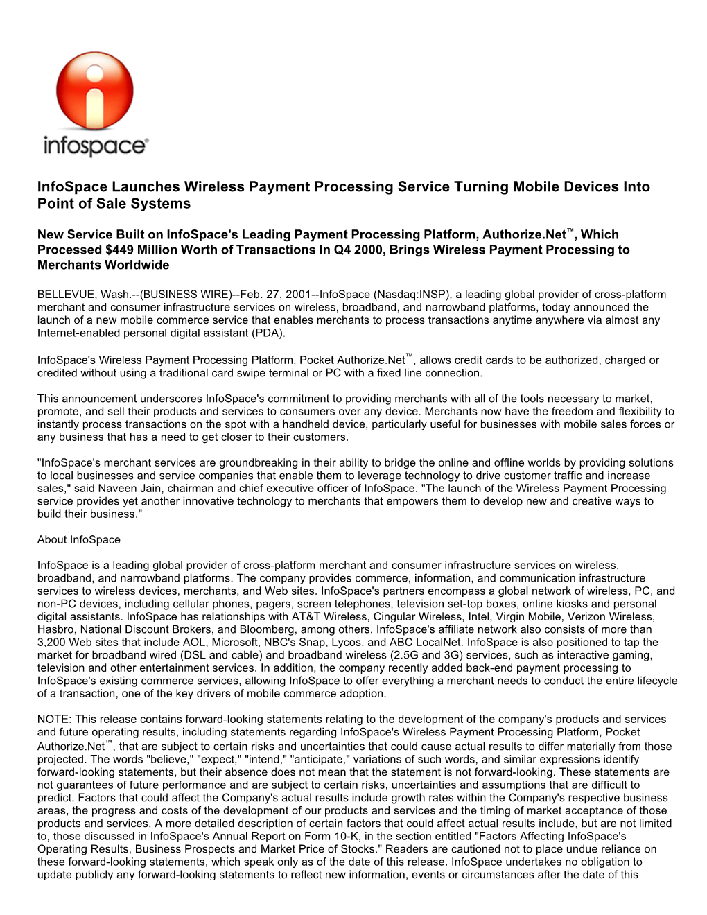 Infospace Launches Wireless Payment Processing Service Turning Mobile Devices Into Point of Sale Systems
