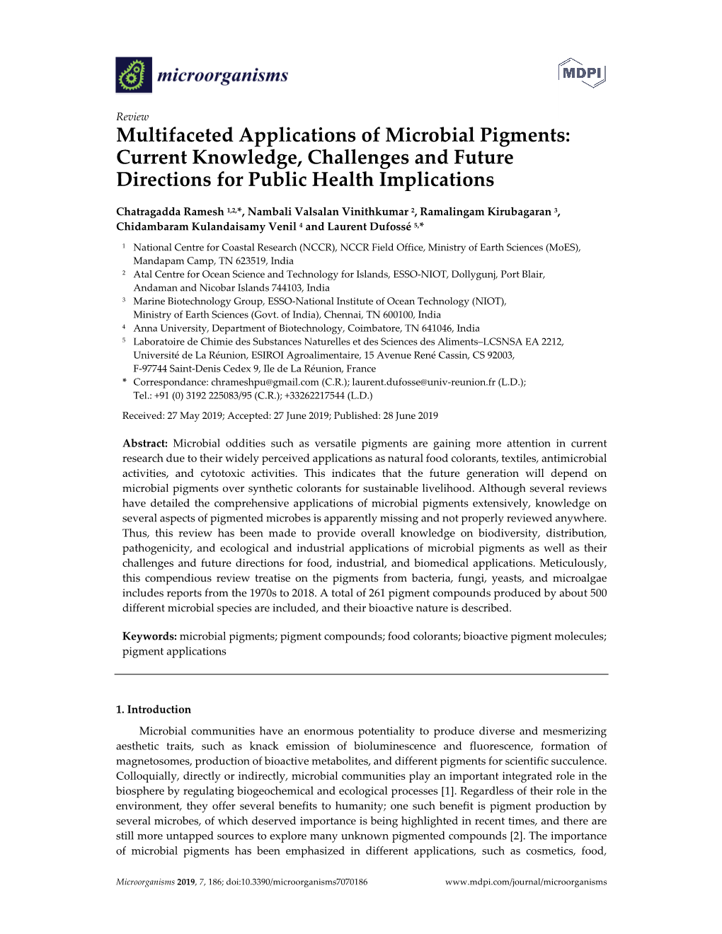 Multifaceted Applications of Microbial Pigments: Current Knowledge, Challenges and Future Directions for Public Health Implications