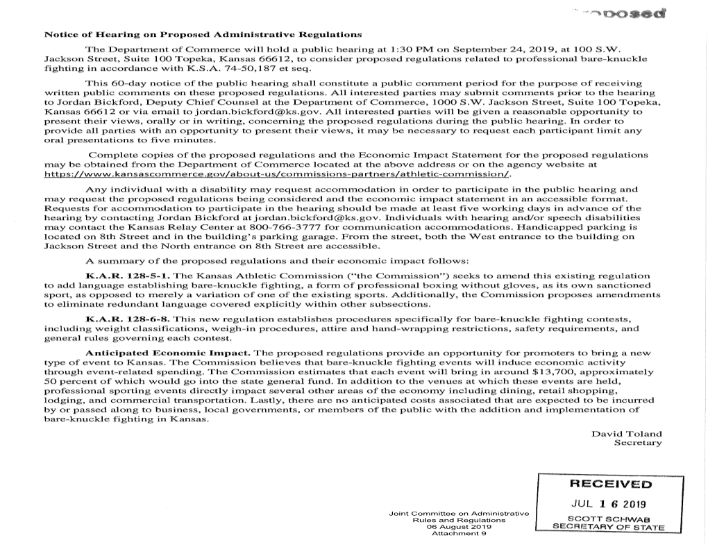 Kansas Department of Commerce Notice of Public Hearing