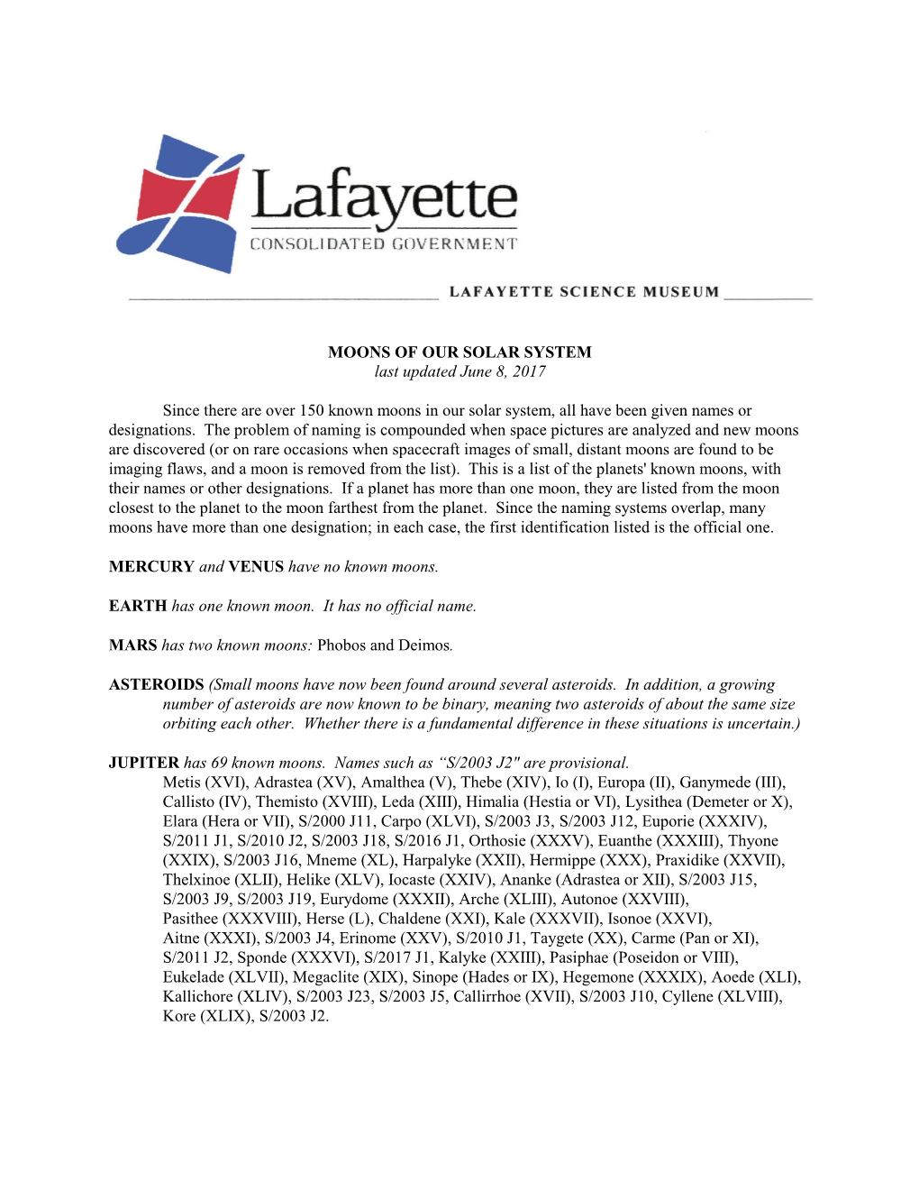 MOONS of OUR SOLAR SYSTEM Last Updated June 8, 2017 Since