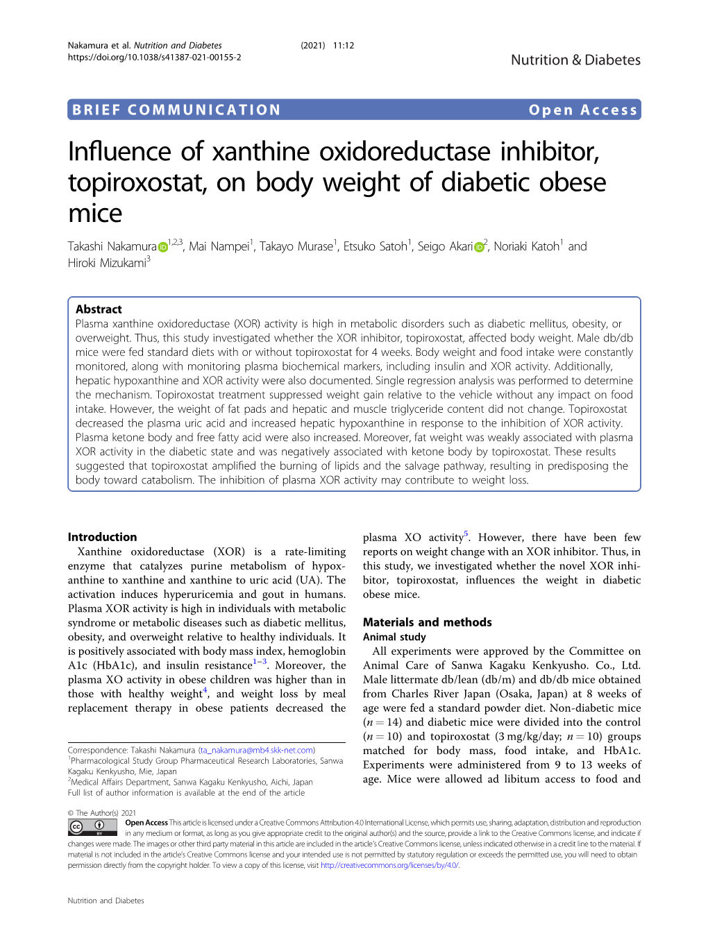 Influence of Xanthine Oxidoreductase Inhibitor, Topiroxostat, on Body