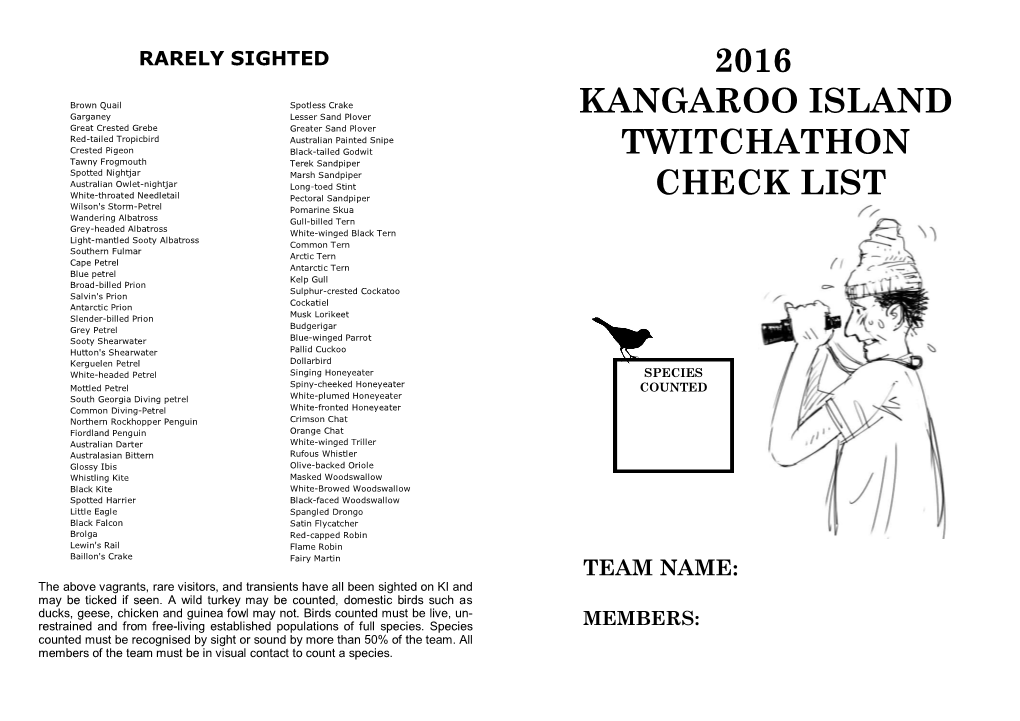 2016 Kangaroo Island Twitchathon Check List