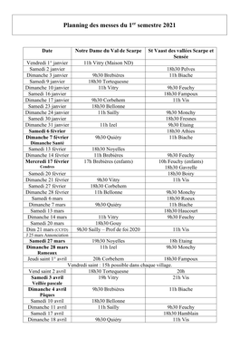 Planning Des Messes Du 1Er Semestre 2021