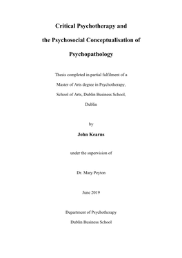 Critical Psychotherapy and the Psychosocial Conceptualisation Of