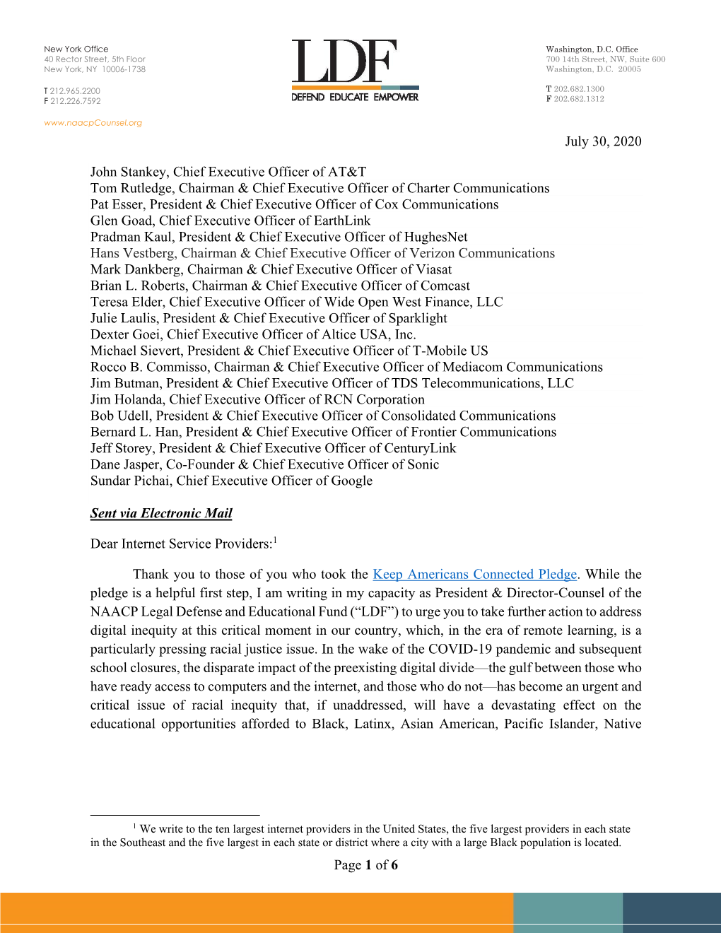 Page 1 of 6 July 30, 2020 John Stankey, Chief Executive Officer Of