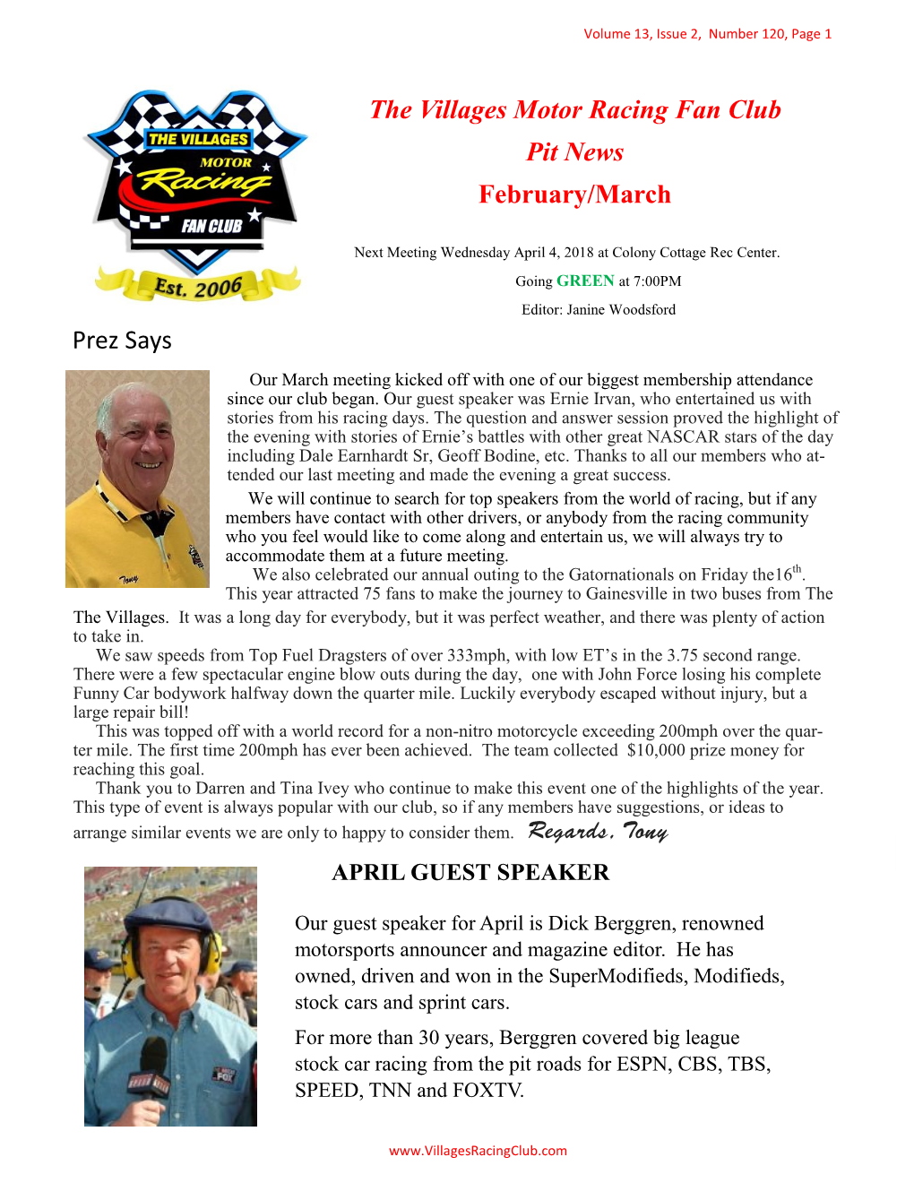 The Villages Motor Racing Fan Club Pit News February/March Prez Says