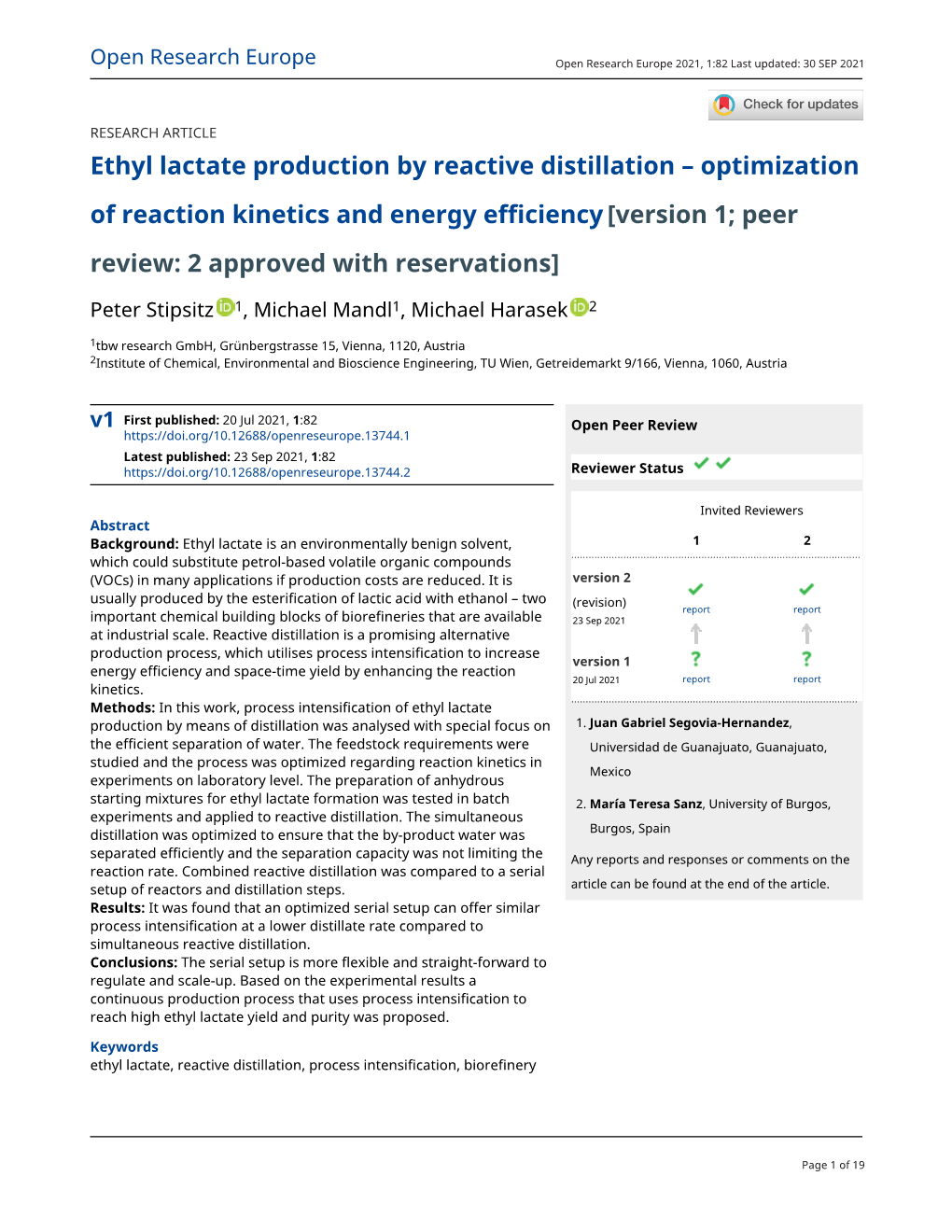 Ethyl Lactate Production by Reactive Distillation – Optimization of Reaction Kinetics and Energy Efficiency[Version 1; Peer Re
