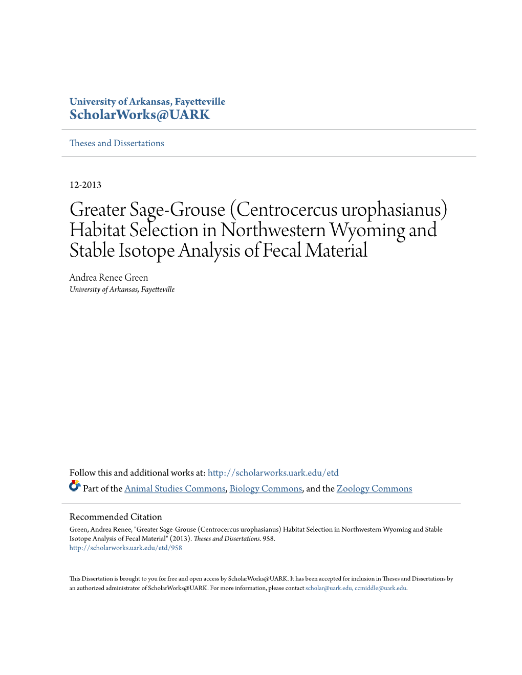 Greater Sage-Grouse (Centrocercus Urophasianus) Habitat Selection in Northwestern Wyoming and Stable Isotope Analysis of Fecal M