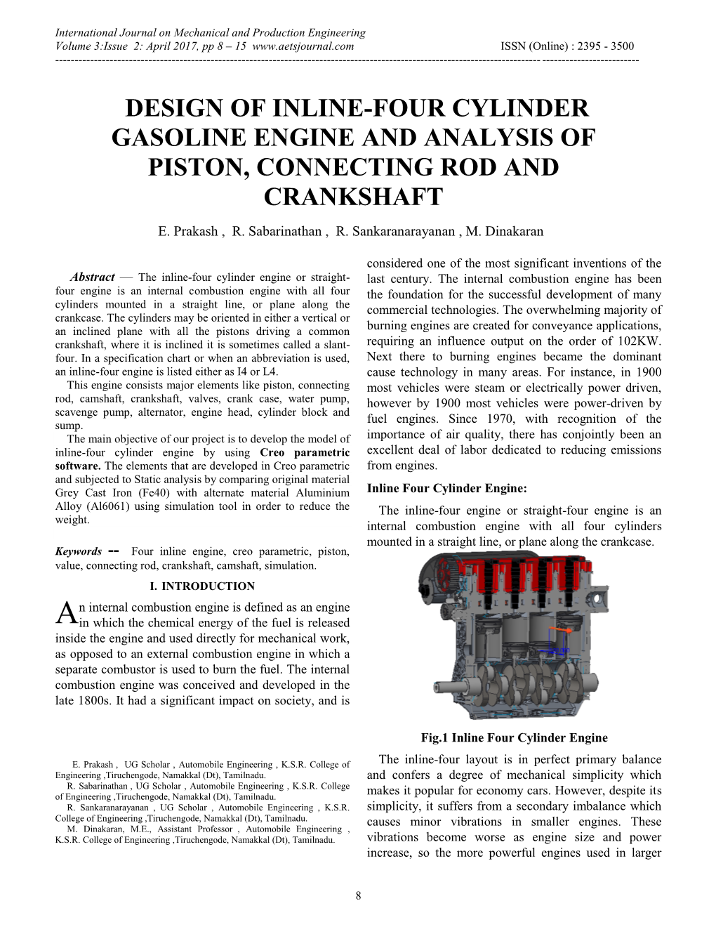 Design of Inline-Four Cylinder Gasoline Engine and Analysis of Piston, Connecting Rod and Crankshaft