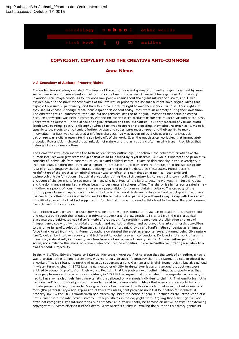 Copyright, Copyleft & the Creative Anti-Commons