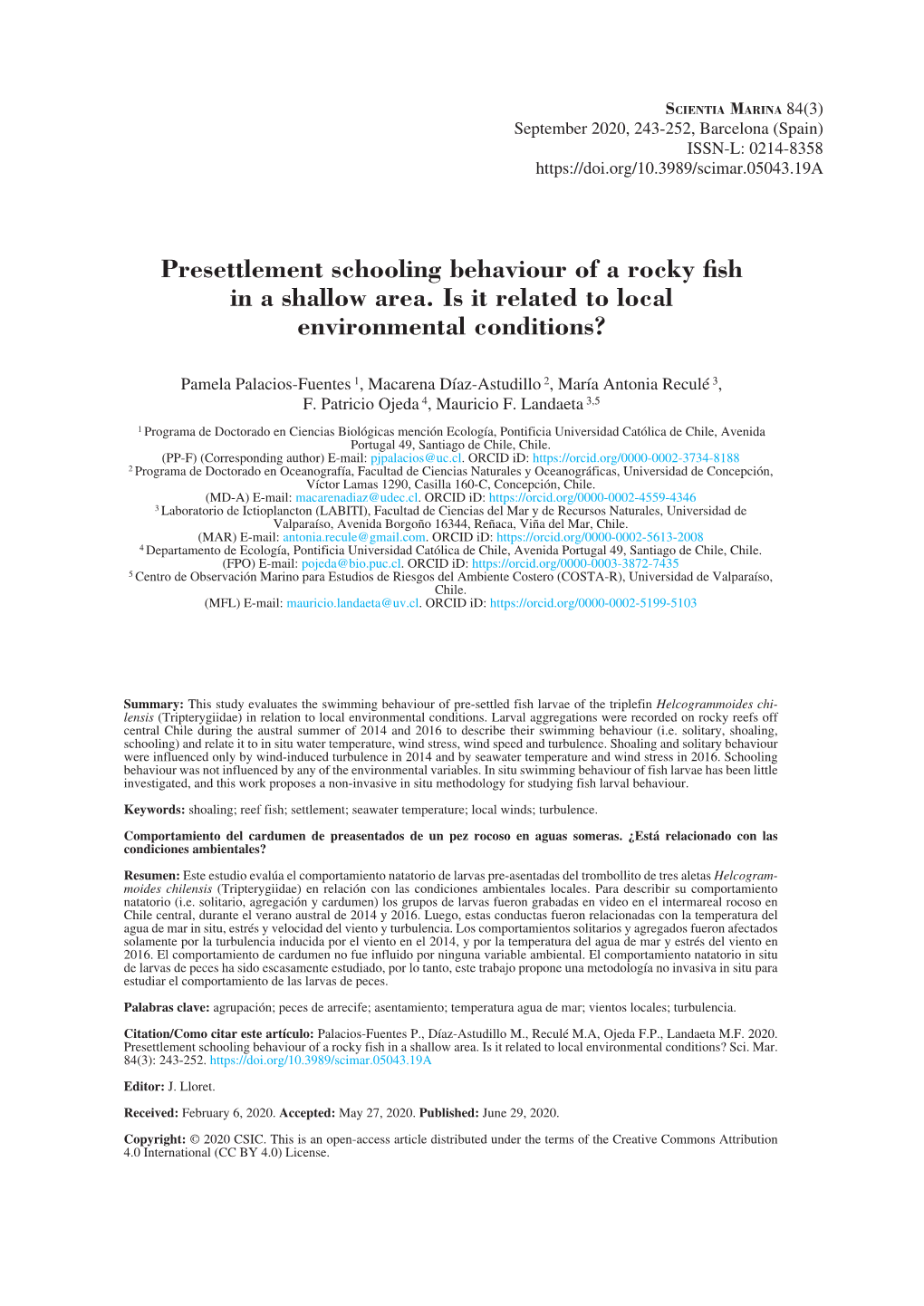 Presettlement Schooling Behaviour of a Rocky Fish in a Shallow Area