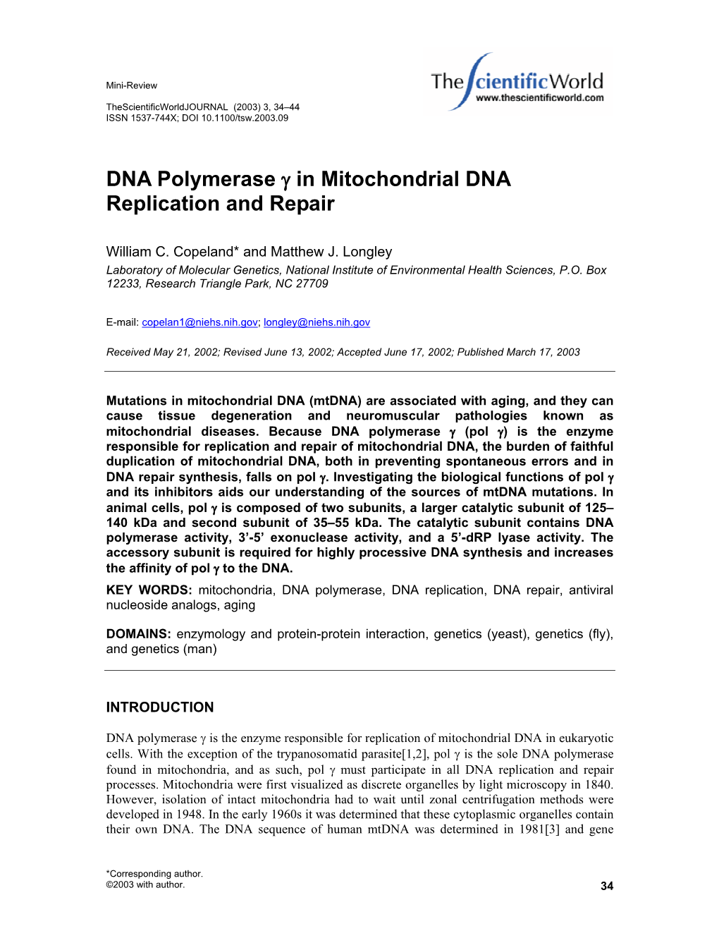 DNA Polymerase Γ in Mitochondrial DNA Replication and Repair