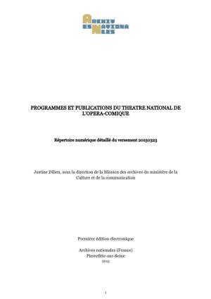 Programmes Et Publications Du Theatre National De L'opera-Comique