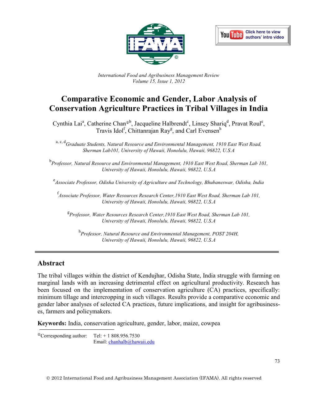 Comparative Economic and Gender, Labor Analysis of Conservation Agriculture Practices in Tribal Villages in India