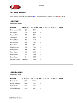 2001 Final Rosters .8 FREAK .6 He Be-GB's