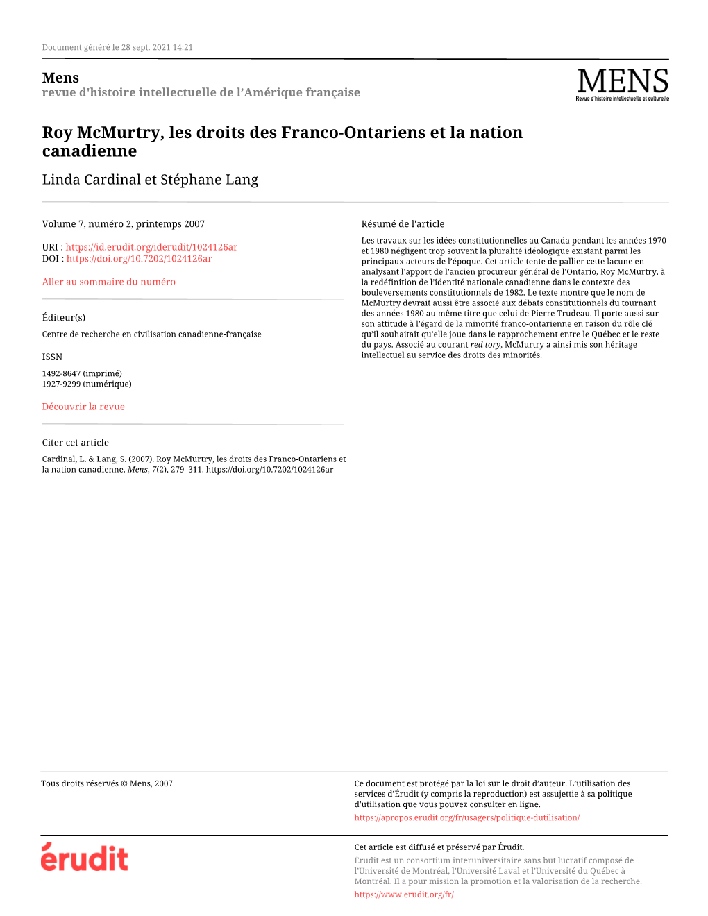 Roy Mcmurtry, Les Droits Des Franco-Ontariens Et La Nation Canadienne Linda Cardinal Et Stéphane Lang