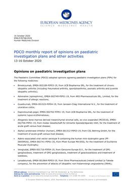 PDCO Monthly Report of Opinions on Paediatric Investigation Plans and Other Activities 13-16 October 2020