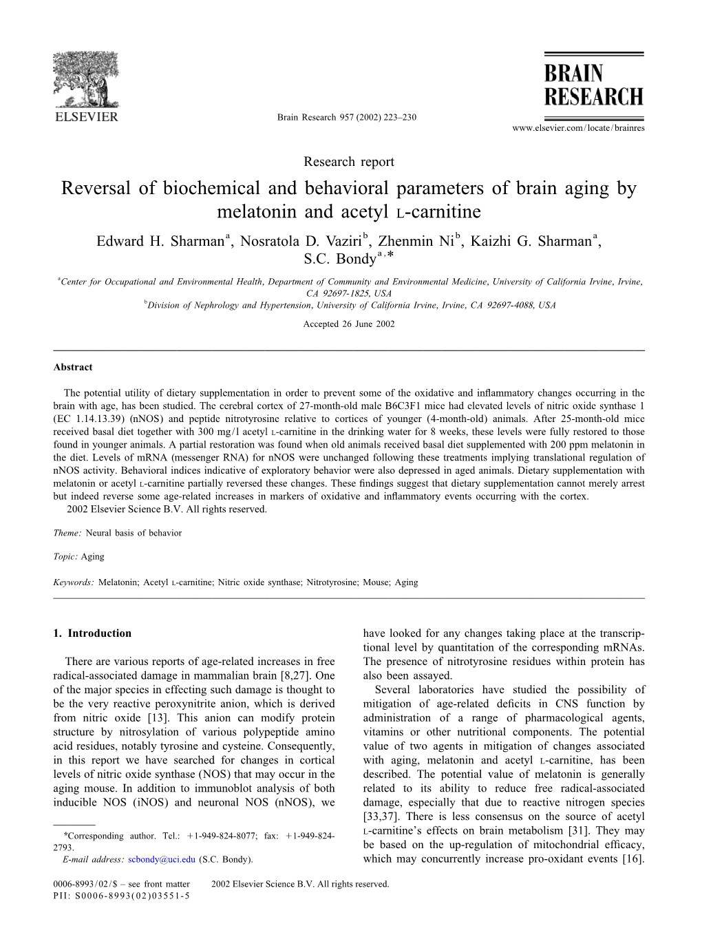 R Eversal of Biochemical and Behavioral Parameters of Brain Aging by Melatonin and Acetyl L-Carnitine Edward H