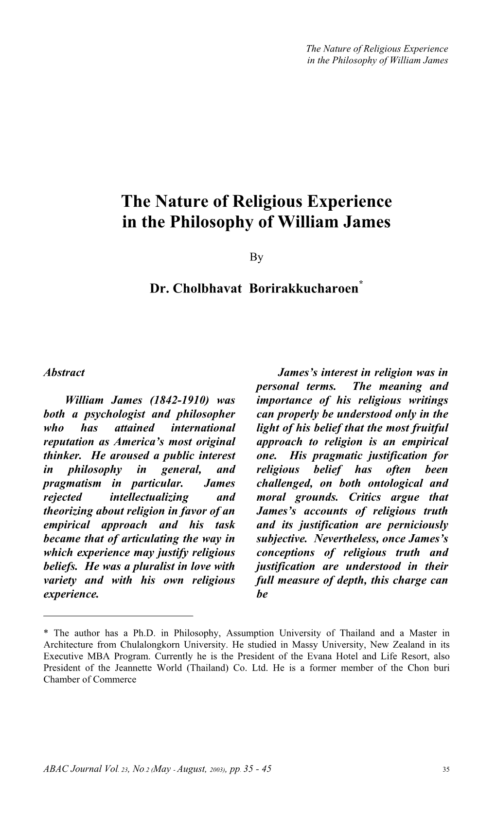 The Nature of Religious Experience in the Philosophy of William James