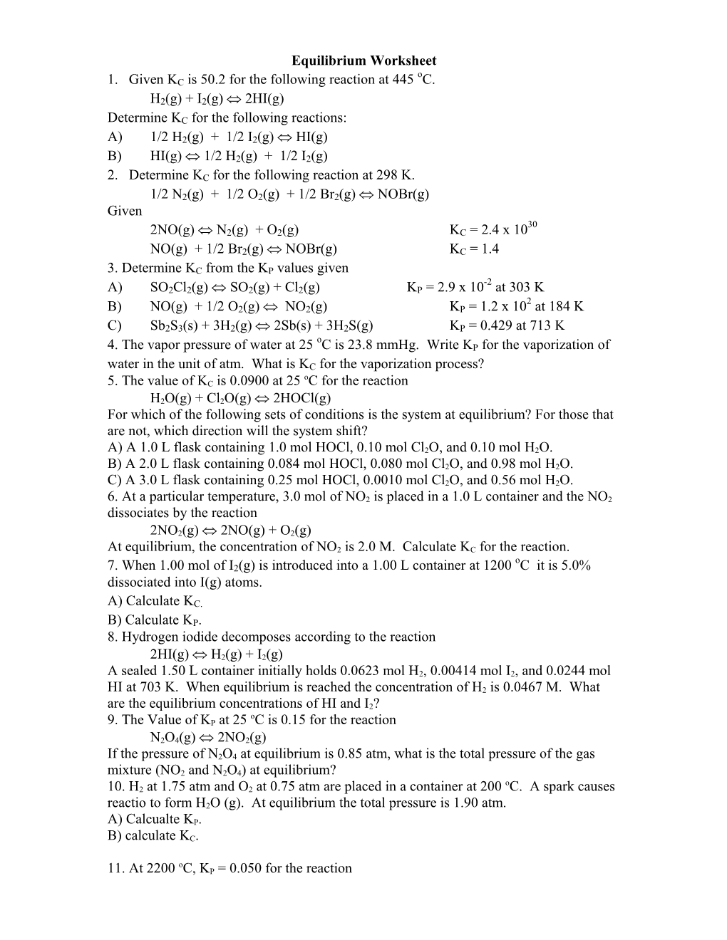 Equilibrium Worksheet