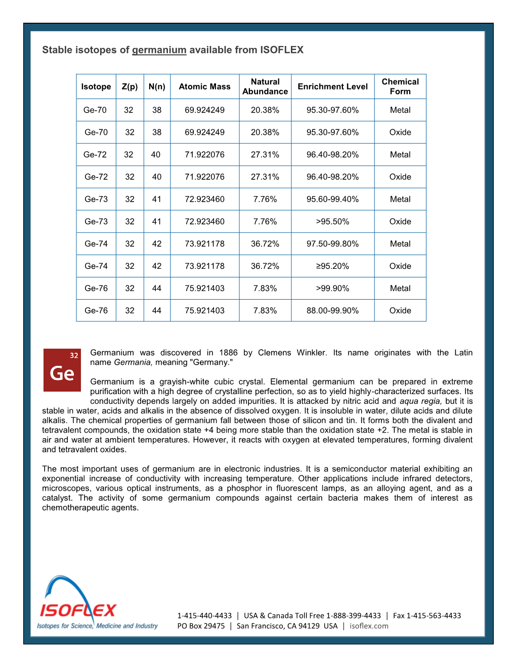 Stable Isotopes of Germanium Available from ISOFLEX