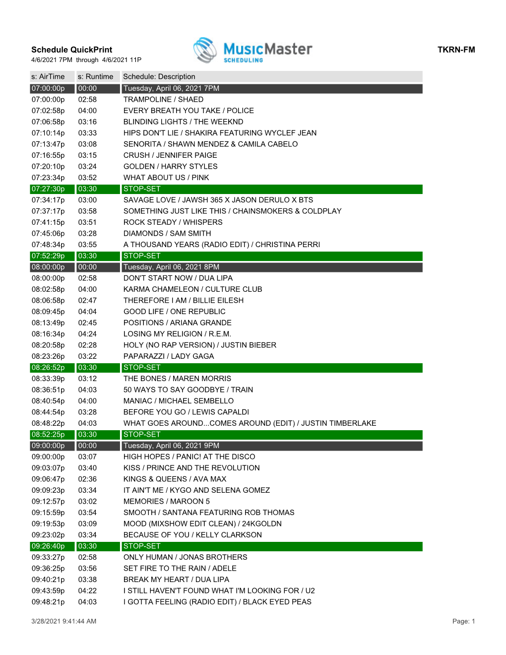 Schedule Quickprint TKRN-FM