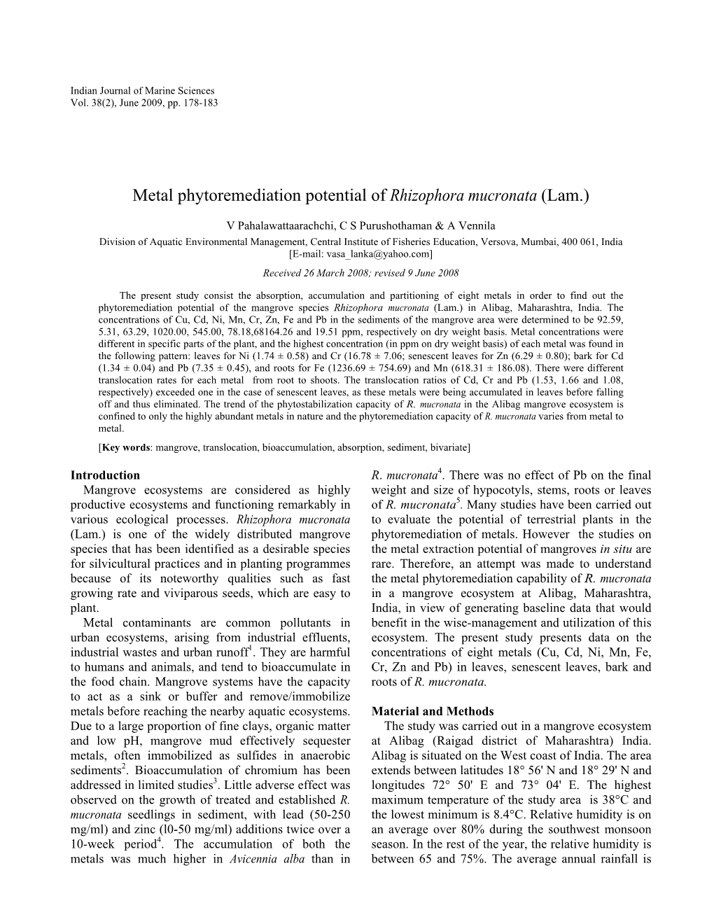 Metal Phytoremediation Potential of Rhizophora Mucronata (Lam.)