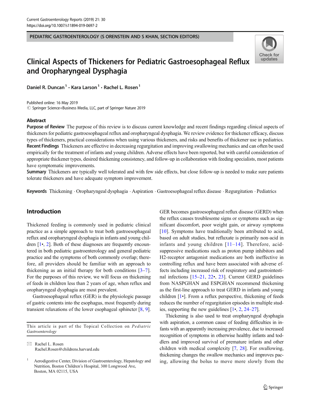 Clinical Aspects of Thickeners for Pediatric Gastroesophageal Reflux and Oropharyngeal Dysphagia