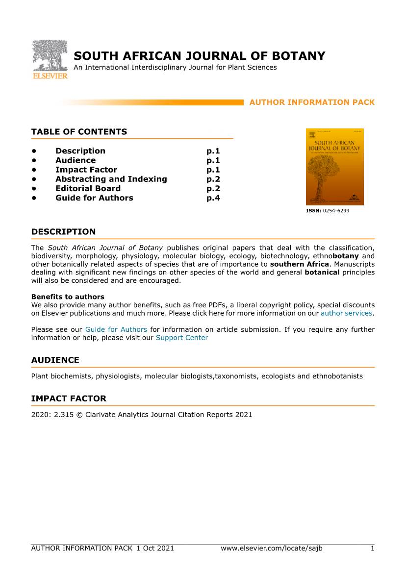 SOUTH AFRICAN JOURNAL of BOTANY an International Interdisciplinary Journal for Plant Sciences