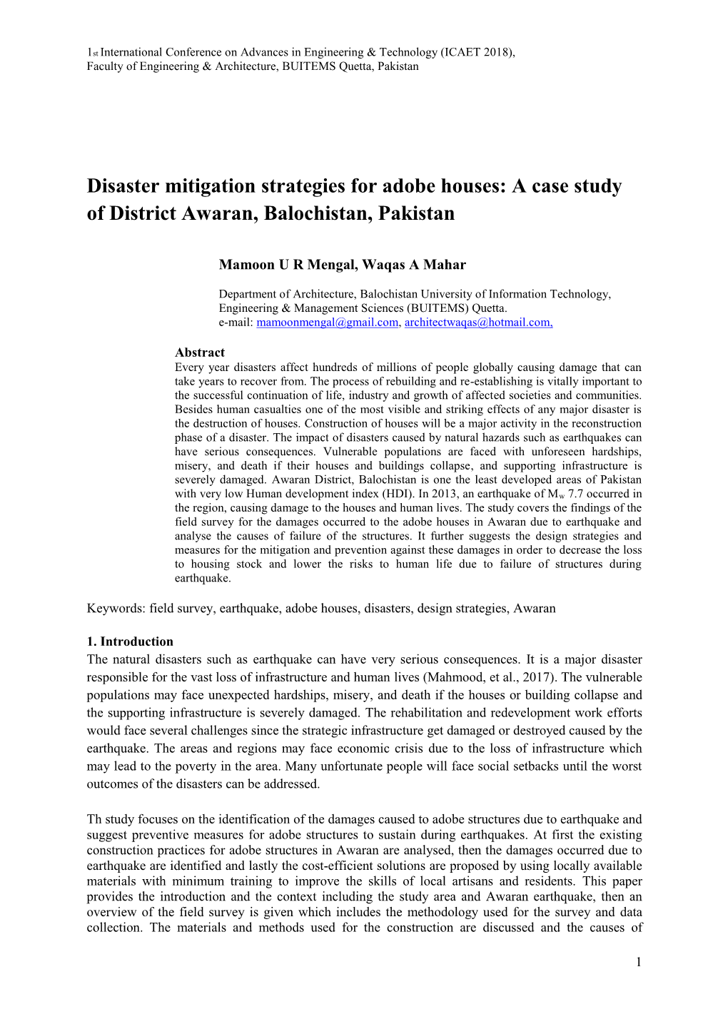 A Case Study of District Awaran, Balochistan, Pakistan