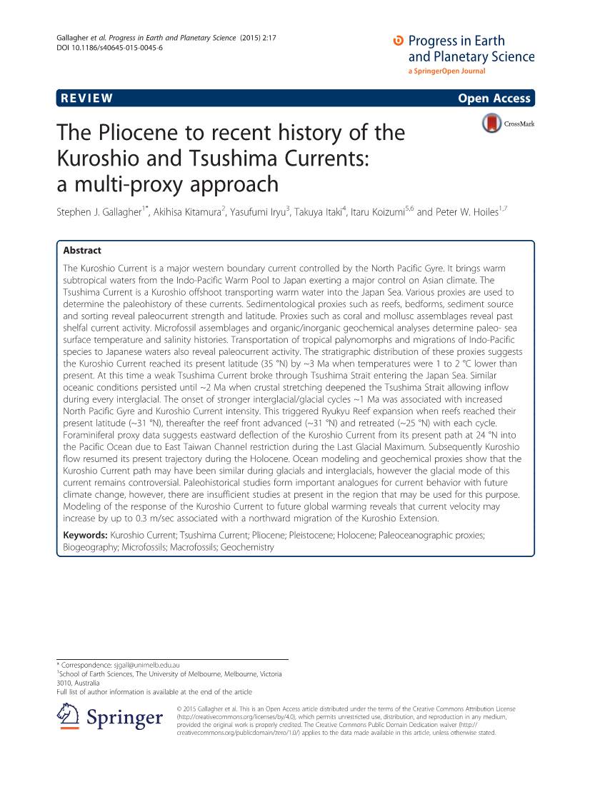 The Pliocene to Recent History of the Kuroshio and Tsushima Currents: a Multi-Proxy Approach Stephen J