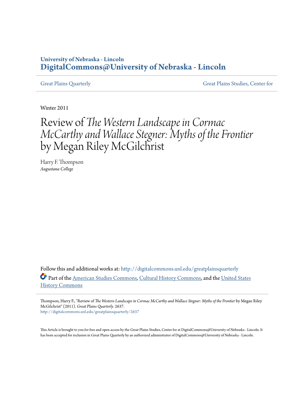Review of the Western Landscape in Cormac Mccarthy and Wallace Stegner: Myths of the Frontier by Megan Riley Mcgilchrist Harry F
