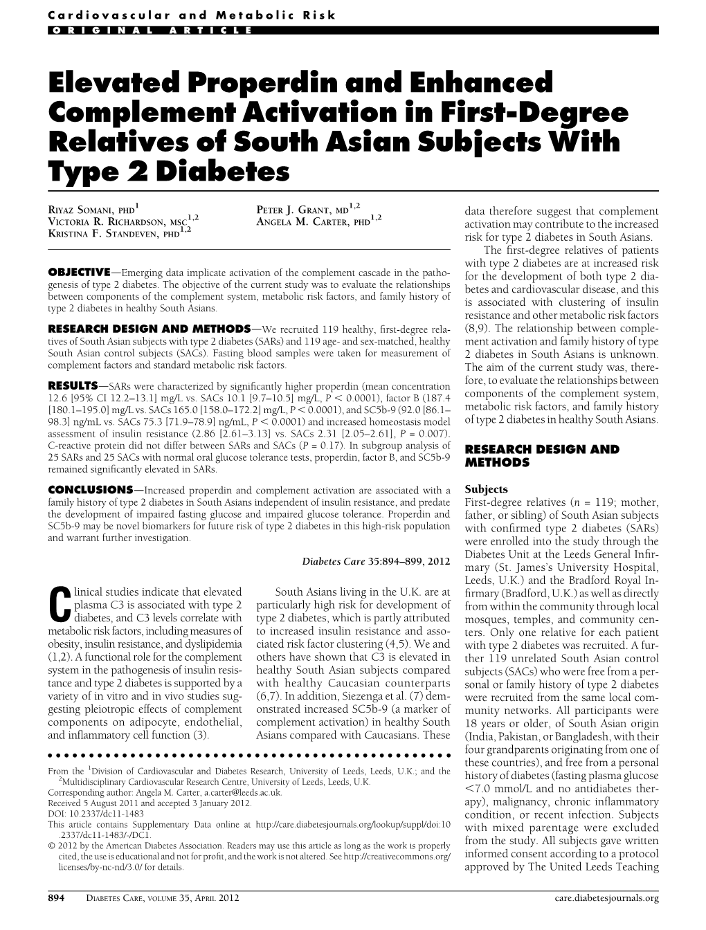 Elevated Properdin and Enhanced Complement Activation in First-Degree Relatives of South Asian Subjects with Type 2 Diabetes