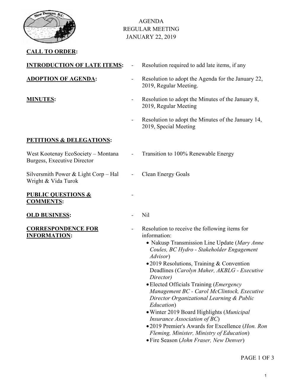 Agenda Regular Meeting January 22, 2019 Page 1 of 3